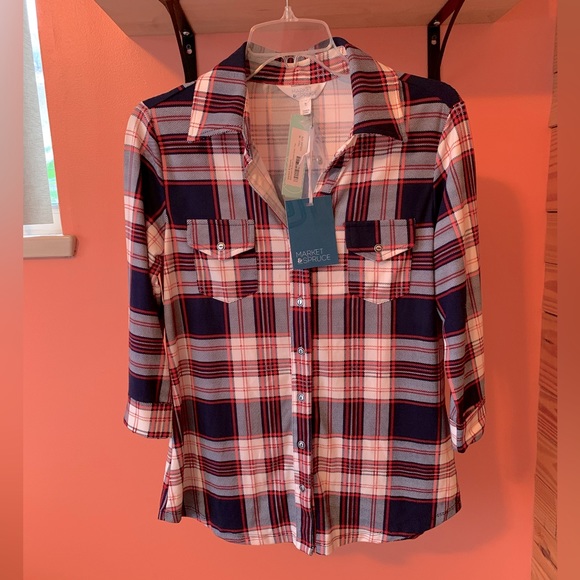 NWT Market & Spruce Balsman Button Down Plaid Knit Top - Picture 7 of 11